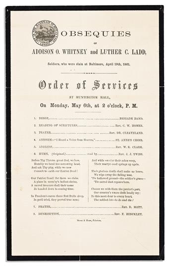 (CIVIL WAR--MARYLAND.) Funeral program and monument photographs of Privates Ladd and Addison who died in the Baltimore Riot.